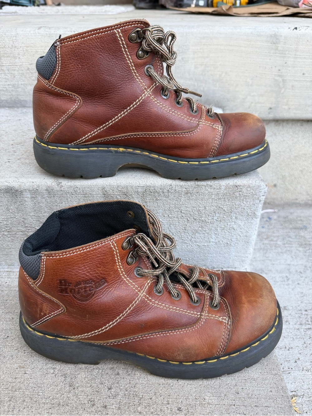 Dr. Martens Men’s Brown Leather Lace-Up Work Boots with Yellow Welt Stitching
